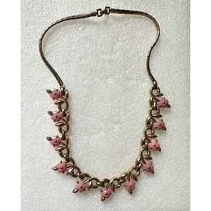 Trifari Pink Flower Necklace Gold Tone Vintage